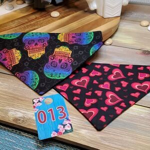 #13 Medium 9" Rainbow Sugar Skulls & Tossed Hearts Dog Bandanas Over Collar